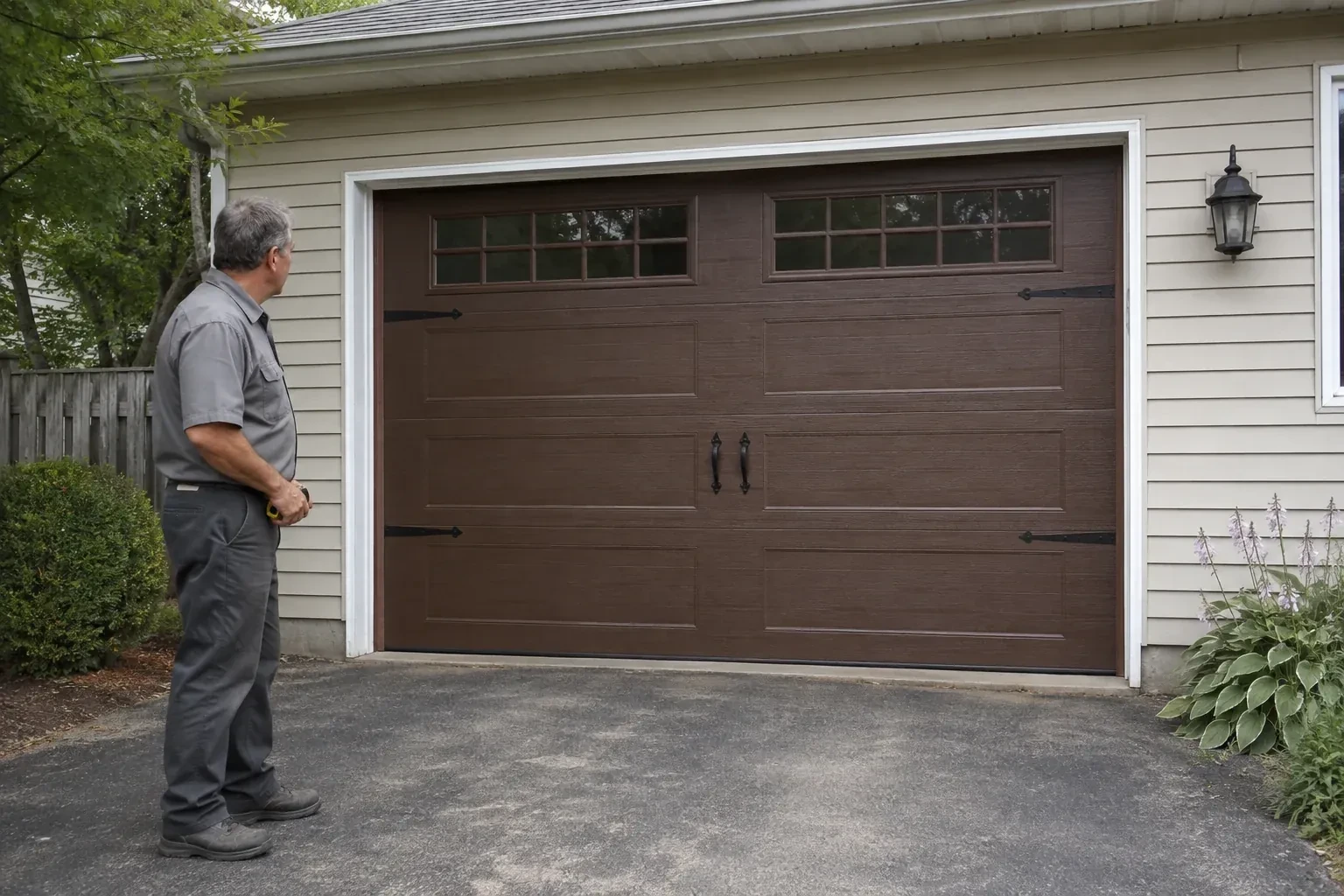 A person stands beside a closed brown garage door with upper windows and black decorative straps and handles. — Carriage-House Garage Door Installation, East Gwillimbury