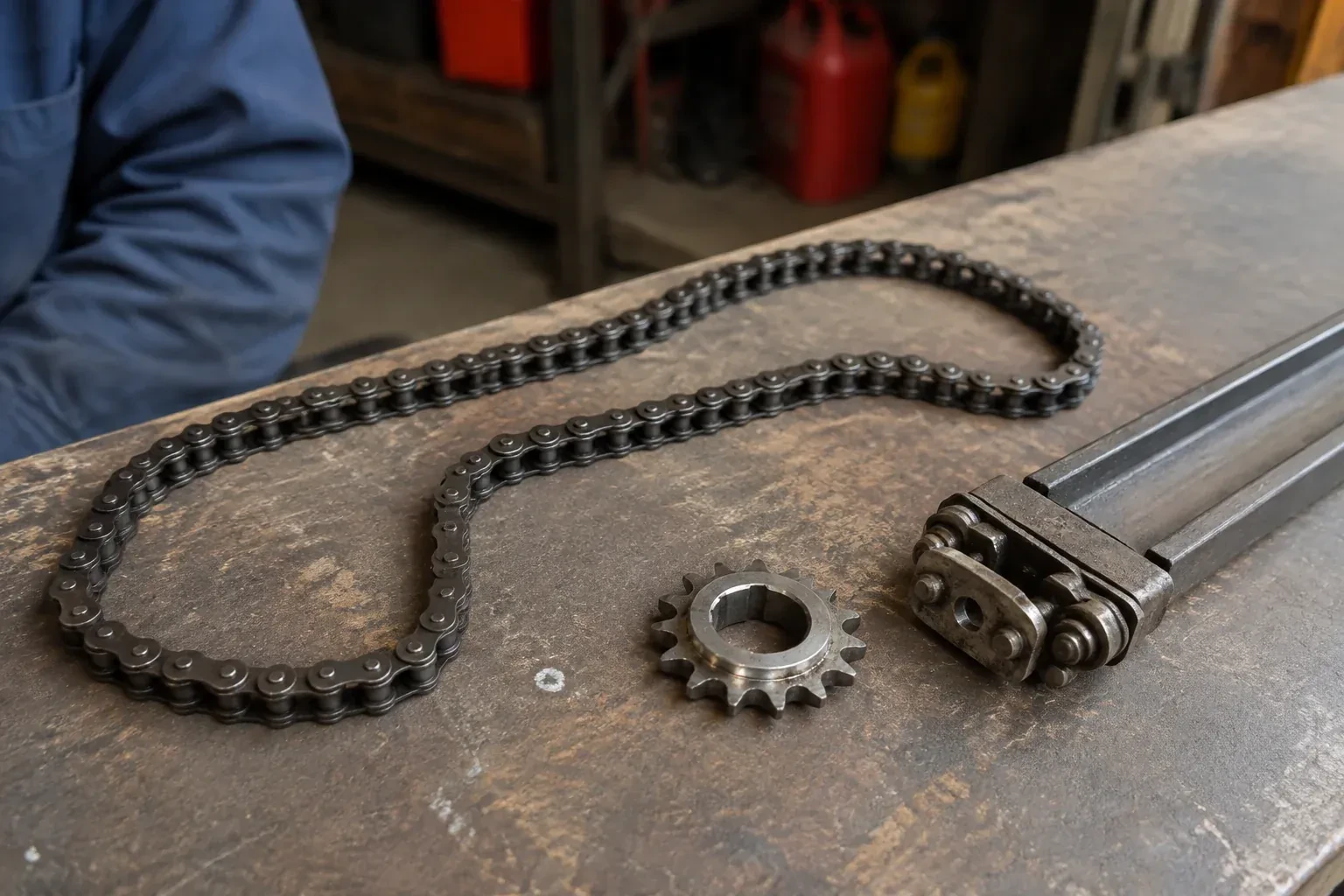 A detached metal roller chain, toothed sprocket and rail component rest on a worn garage workbench. — Chain-Drive Opener Repair, East Gwillimbury