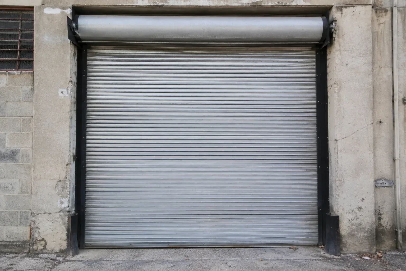 Closed metal rolling shutter in a weathered warehouse opening. — Commercial Rolling Door Repair, East Gwillimbury