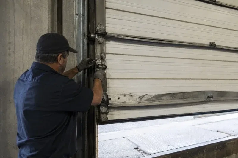 Person holding tools at the side hinge of a partly raised industrial sectional door — Commercial Sectional Door Repair, East Gwillimbury