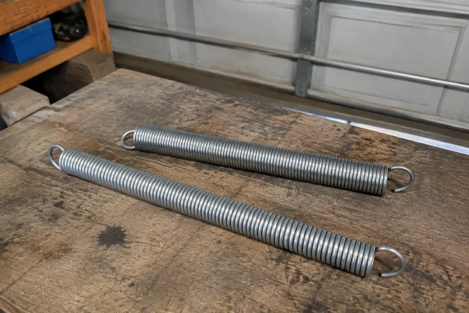 Two detached extension springs with hooked ends on a garage bench. — Extension Spring Replacement, East Gwillimbury