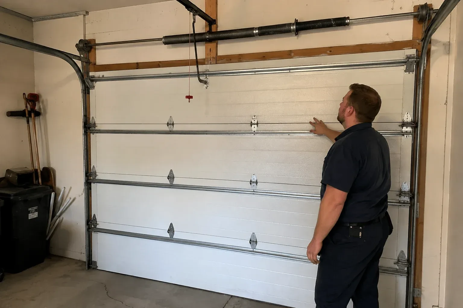 A person stands beside a closed sectional door beneath its overhead spring assembly. — Garage Door Balance Adjustment, East Gwillimbury