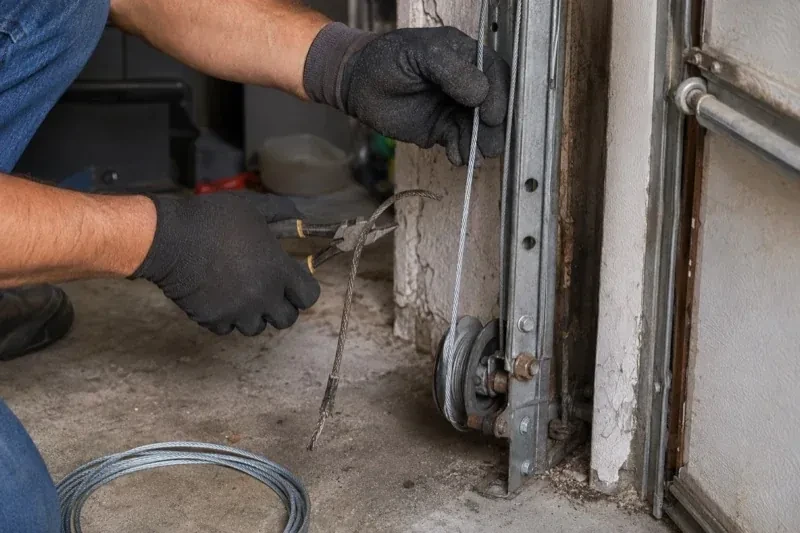 Gloved hands holding a bright cable and pliers gripping a frayed cable beside a garage-door track and pulley. — Garage Door Cable Replacement, East Gwillimbury