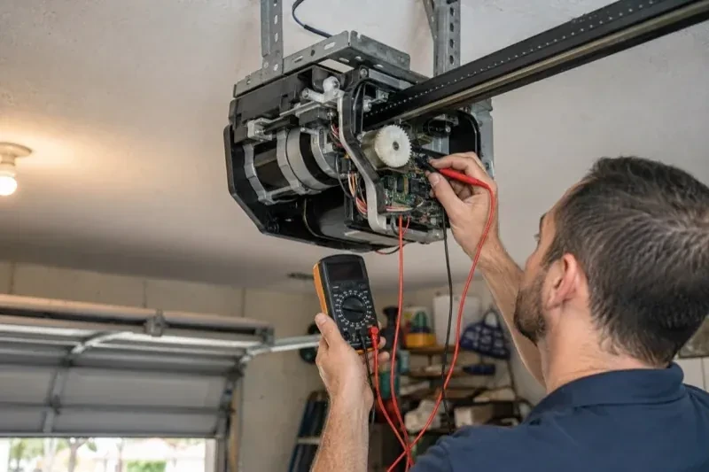 Person holding a multimeter and a red probe near the exposed circuit board of an overhead garage-door opener. — Garage Door Opener Diagnosis and Repair, East Gwillimbury