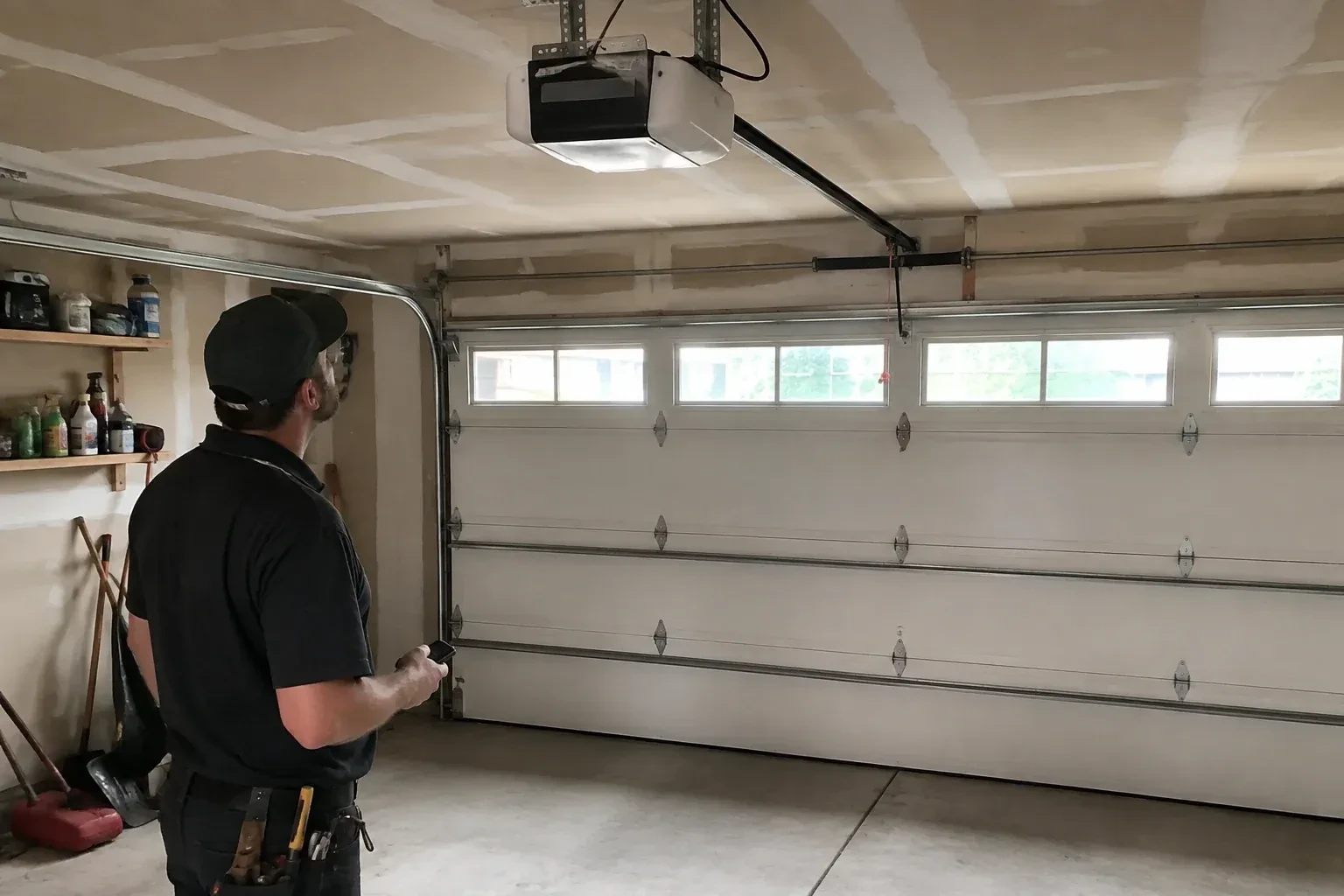 A person looks at an overhead opener above a closed garage door with a row of windows. — Garage Door Opener Replacement, East Gwillimbury