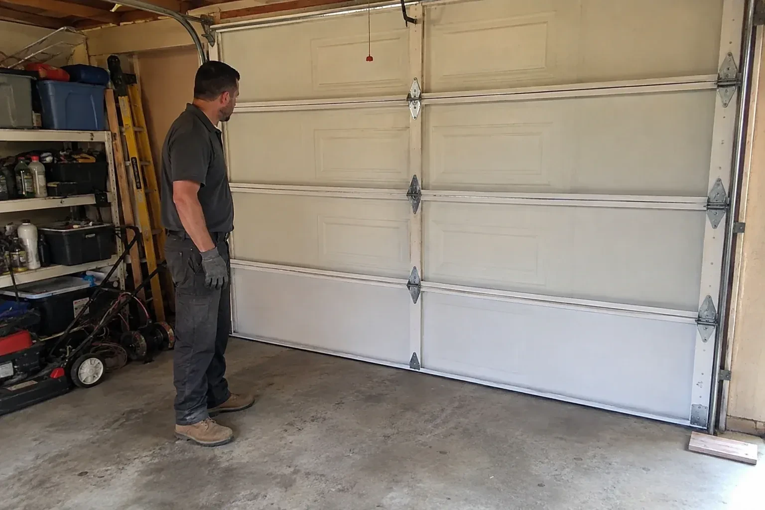 A person examines the interior panels and hinges of a closed sectional garage door. — Garage Door Panel Replacement, Sharon