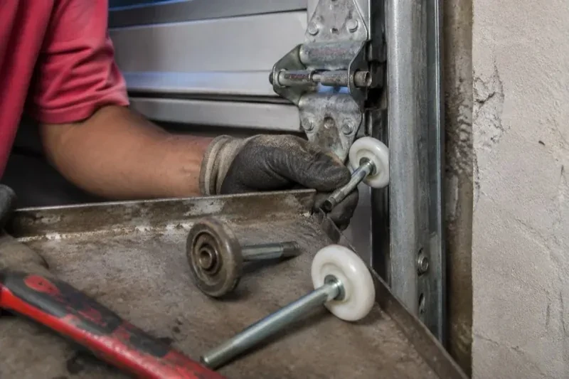 Gloved hand holding a white garage-door roller beside its track, with two loose rollers and a red tool on a tray. — Garage Door Roller Replacement, East Gwillimbury