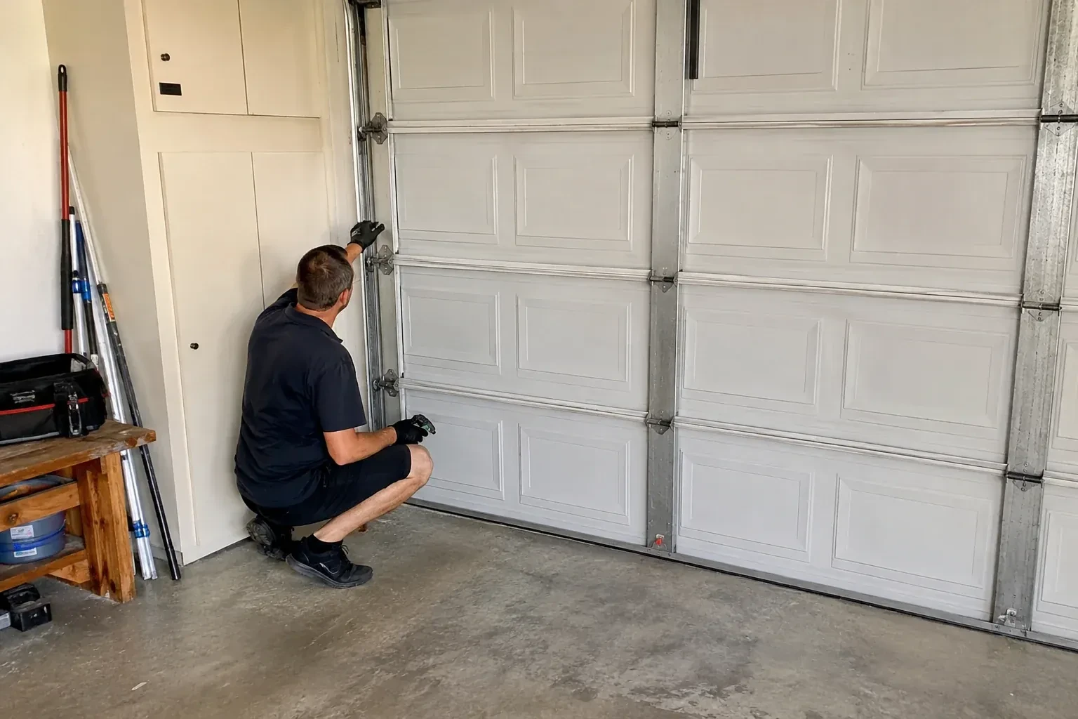 A person kneels beside the side track and hinges of a closed sectional garage door. — Garage Door Safety Inspection, East Gwillimbury