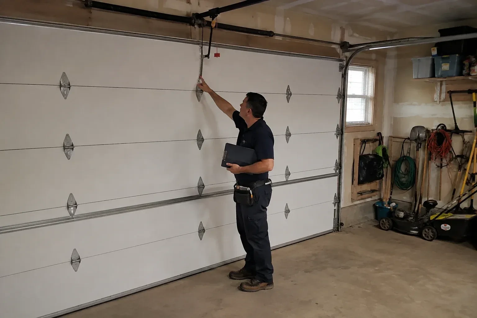 A person holding a clipboard examines the interior hardware of a closed garage door. — Garage Door Tune-Up, East Gwillimbury