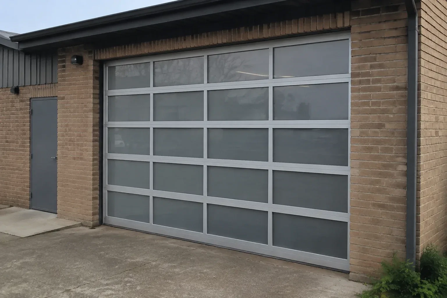 Closed glazed sectional door in a grey metal frame at a brick workshop. — Full-View Glass Garage Door Installation, East Gwillimbury