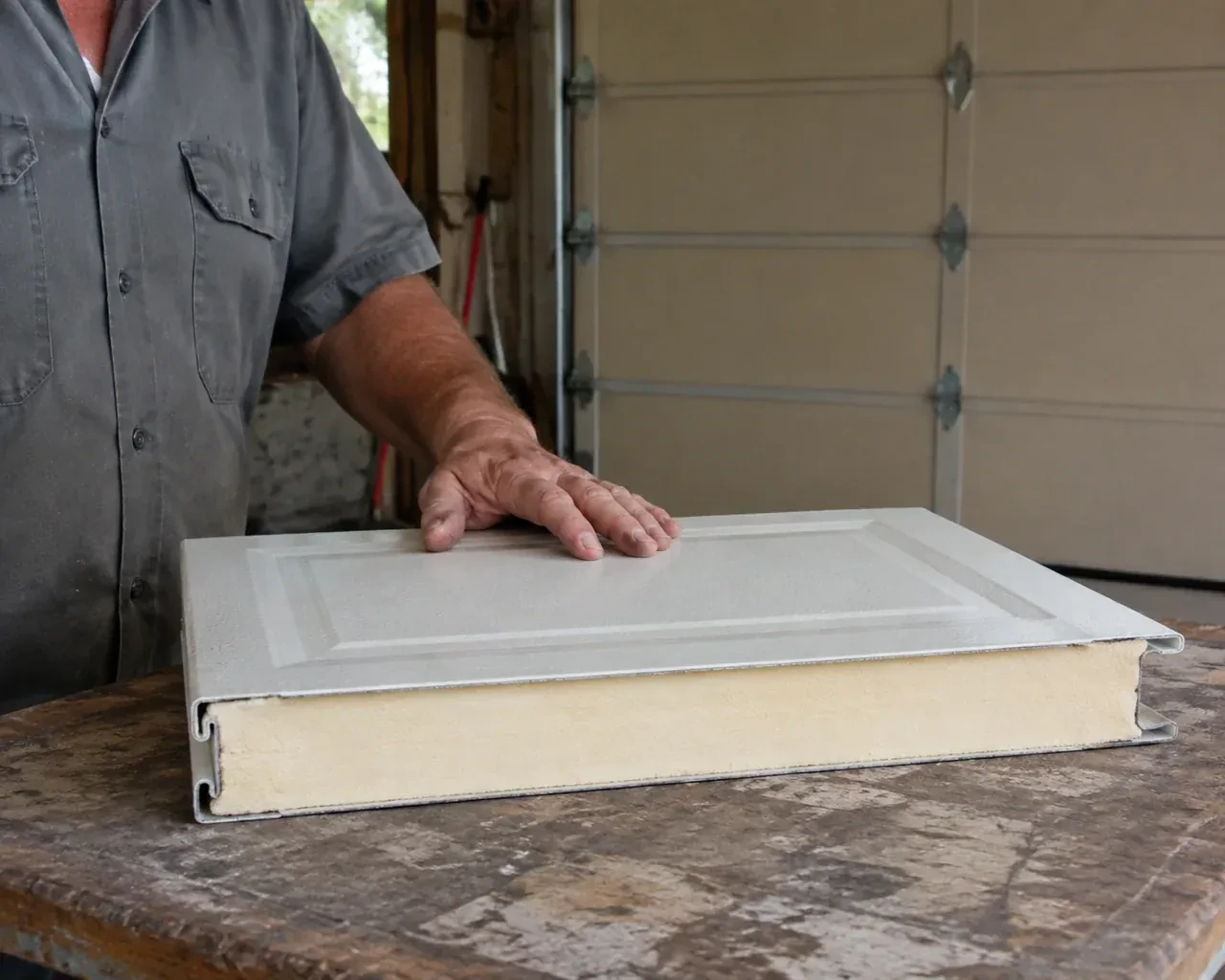 A panel sample exposes a cream foam core between thin metal faces on a garage workbench. — Insulated Steel Garage Door Installation, East Gwillimbury