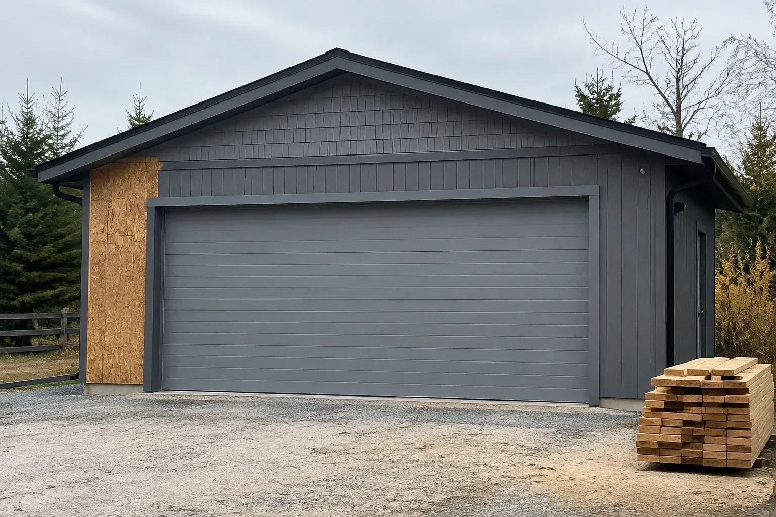 Closed grey garage door on a partly finished building beside stacked lumber. — New-Construction Garage Door Installation, East Gwillimbury