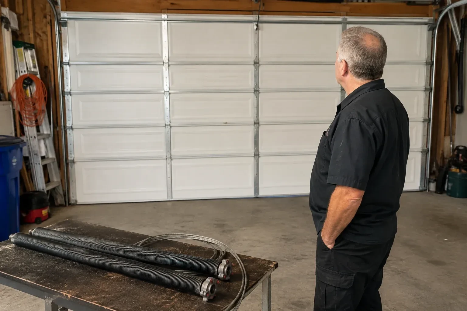 Detached coil springs with end fittings and a cable rest on a bench in front of a closed garage door. — Torsion Spring Replacement, East Gwillimbury