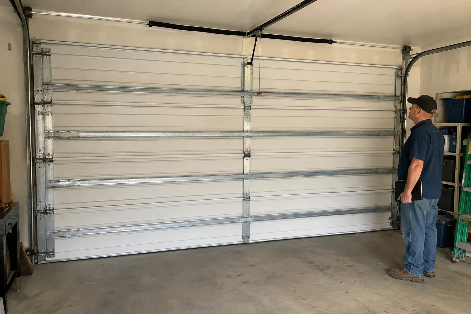 A person examines horizontal metal reinforcement members across the interior of a closed garage door. — Wind-Rated Garage Door Replacement, East Gwillimbury