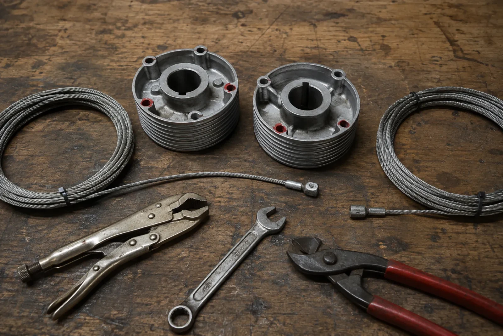 Pair of cast metal cable drums, two coiled steel cables, locking pliers, a combination wrench and red-handled cutters on a wooden bench. — Queensville
