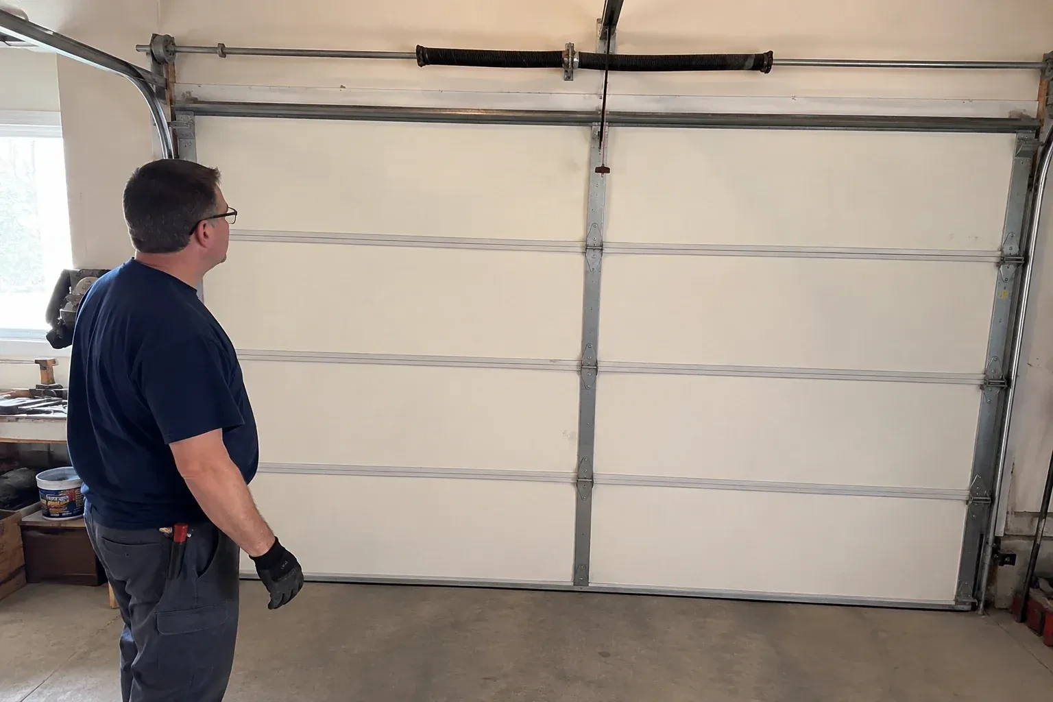 Person in a dark shirt standing before a closed cream sectional door, looking up at a coiled spring and red-tipped cord. — Off-Track Garage Door Reset, Queensville